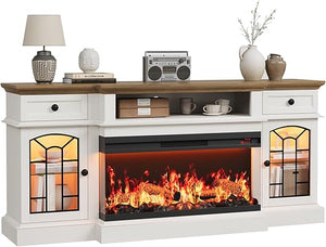 70" Electric Fireplace TV Stand with 3-Sided Glass Insert, Storage Cabinets & Open Shelf