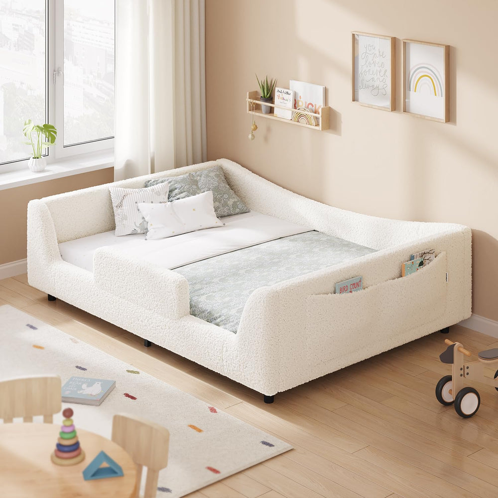 Full Size Montessori Floor Bed with High Rails & Teddy Fleece Upholstery