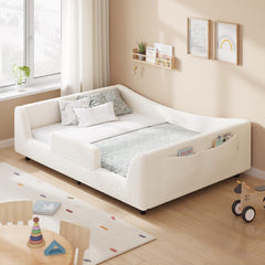Full Size Montessori Floor Bed with High Rails & Teddy Fleece Upholstery