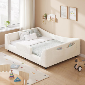 Full Size Montessori Floor Bed with High Rails & Teddy Fleece Upholstery
