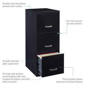 3-Drawer Vertical File Cabinet – Steel, Letter-Size, Black