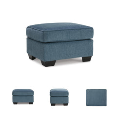 Blue Crosshatched Accent Ottoman with Wood Legs