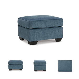 Blue Crosshatched Accent Ottoman with Wood Legs
