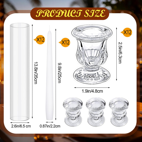 Glass Hurricane Candle Holder Set with Taper Candlesticks & White Candles (12 Set)
