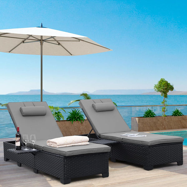 Outdoor Wicker Chaise Lounge Chairs Set of 2 with Adjustable Backrest & Cushions