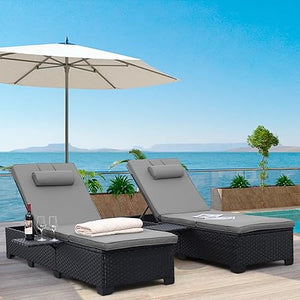 Outdoor Chaise Lounge Chairs Set of 2 – Wicker Recliner with Adjustable Backrest & Cushions