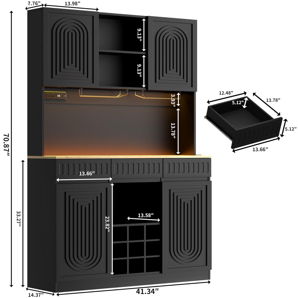 71-Inch Tall Wine Bar Cabinet with LED Lights & Charging Station