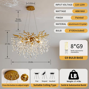 23.6" Gold Crystal Tree Branch Chandelier – 8-Light Pendant