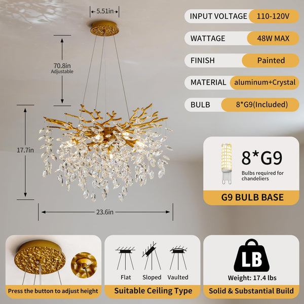 23.6" Gold Crystal Tree Branch Chandelier – 8-Light Pendant