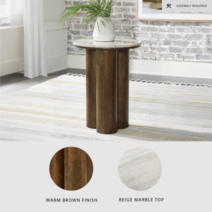 Round Marble Top Accent End Table with Wood Legs