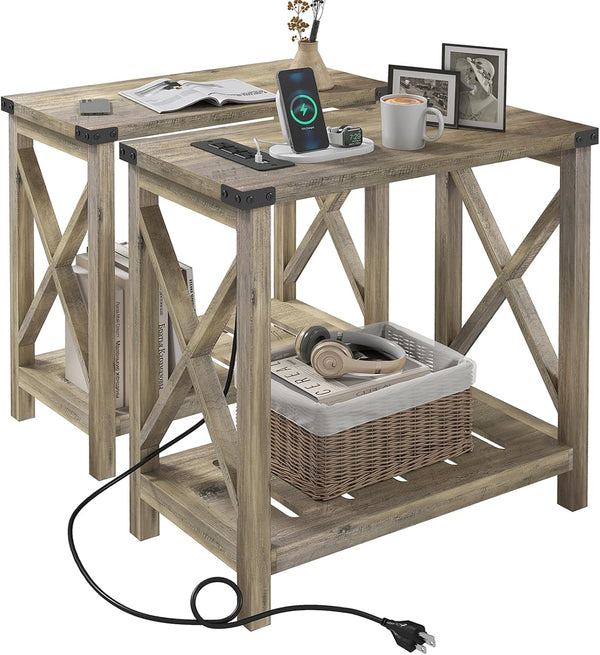 Farmhouse End Tables Set of 2 with Charging Station & Storage Shelf