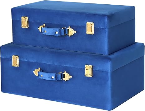 Velvet Storage Trunks Set of 2 with Wood Frame & Gold Hardware