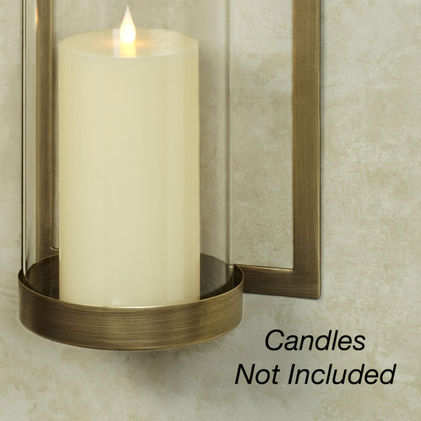 Satin Brass Metal Wall Sconce Pair with Glass Hurricane Candleholders