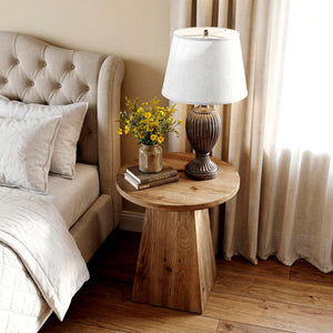 Round Solid Wood End Table with Trapezoid Base