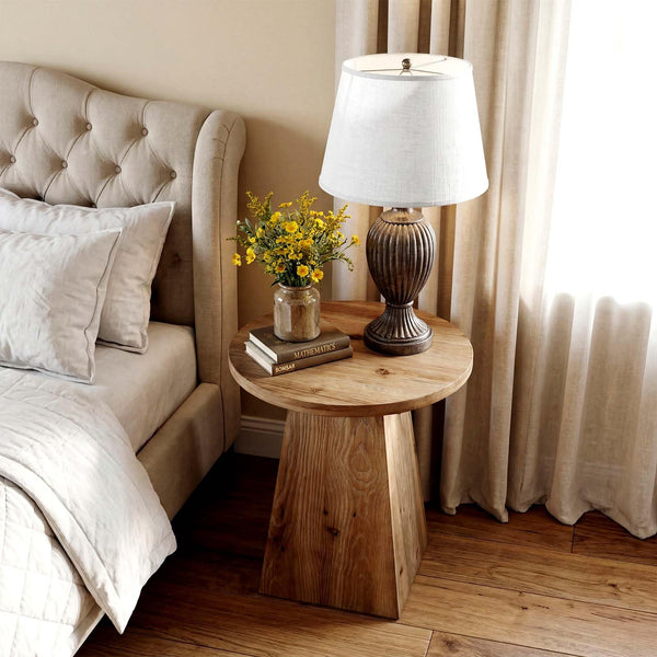 Round Solid Wood End Table with Trapezoid Base