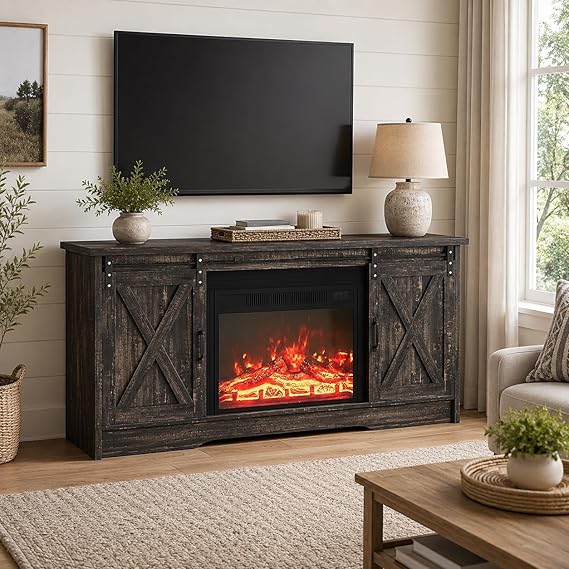 Farmhouse Fireplace TV Stand with Sliding Barn Door for 65" TVs