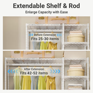Expandable Freestanding Closet Rack with Shelves and Hanging Rods