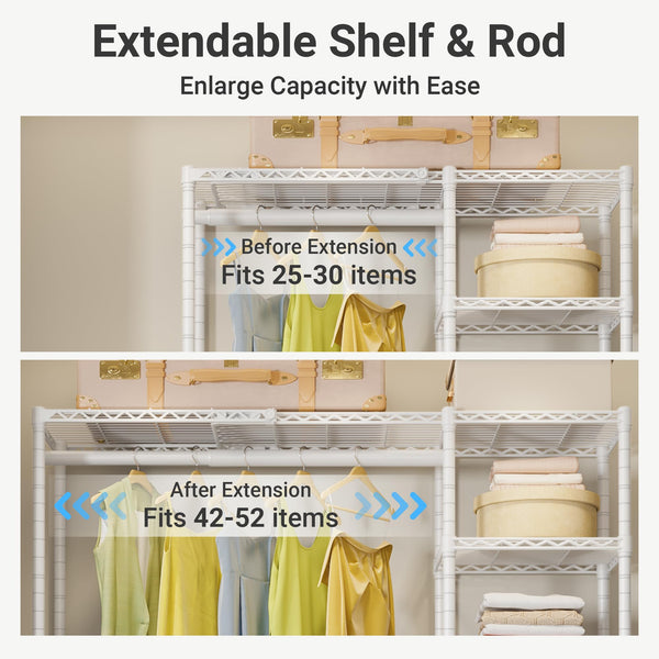 Expandable Freestanding Closet Rack with Shelves and Hanging Rods