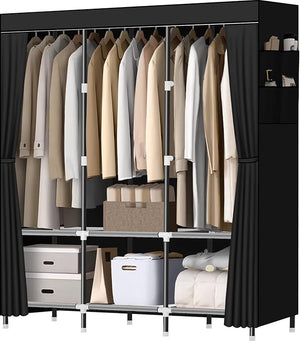 Portable Wardrobe Closet with 3 Hanging Rods & 6 Shelves