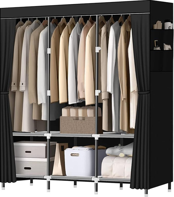 Portable Wardrobe Closet with 3 Hanging Rods & 6 Shelves