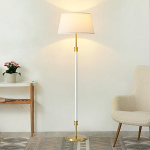 Mid-Century Floor Lamp with Linen Shade – 63" Tall, White & Brass