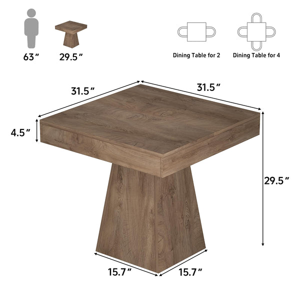 Square Dining Table 31.5" – Rustic Wood, Pedestal Base