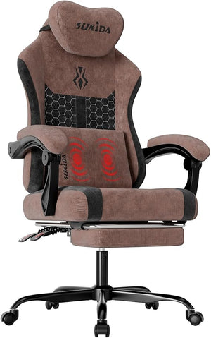 SUKIDA Fabric Video Gaming Chair, Ergonomic High-Back Computer Game Chairs with Large Massage Adjustable Lumbar Support, Headrest and Linked Armrests for Long Hours Sitting Task Chair, Black