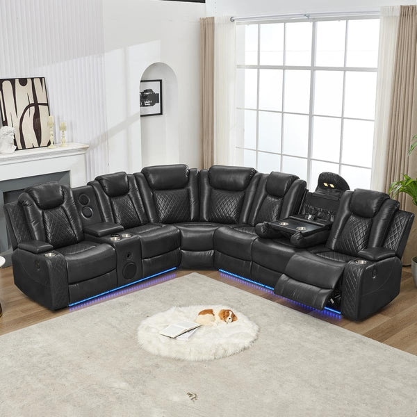 Power Reclining Sectional Sofa – Grey, 6-Seat Faux Leather with Bass Speaker & Wireless Charger