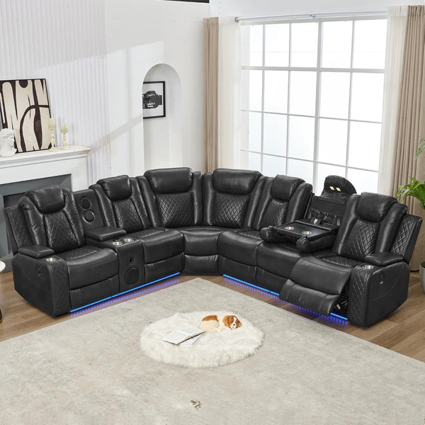 Power Reclining Sectional Sofa – Grey, 6-Seat Faux Leather with Bass Speaker & Wireless Charger