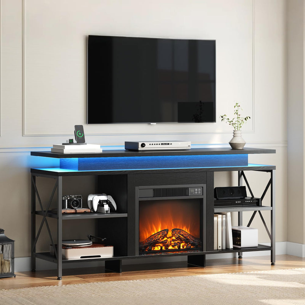 Fireplace TV Stand with LED Lights & Charging Station for TVs up to 65 Inch