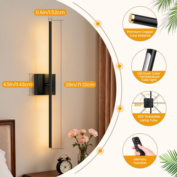 Hardwire Wall Sconce Set of 2 with Remote Control – 28 Inch, Dimmable, 100–240V
