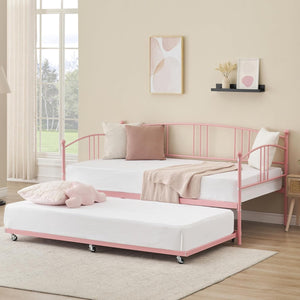 IDEALHOUSE Twin Daybed with Trundle, Metal Twin Size Daybed with Pullout Trundle 6 Casters, Steel Slat Support Sofa Bed for Living Room, Bedroom, Guest Room (Black)