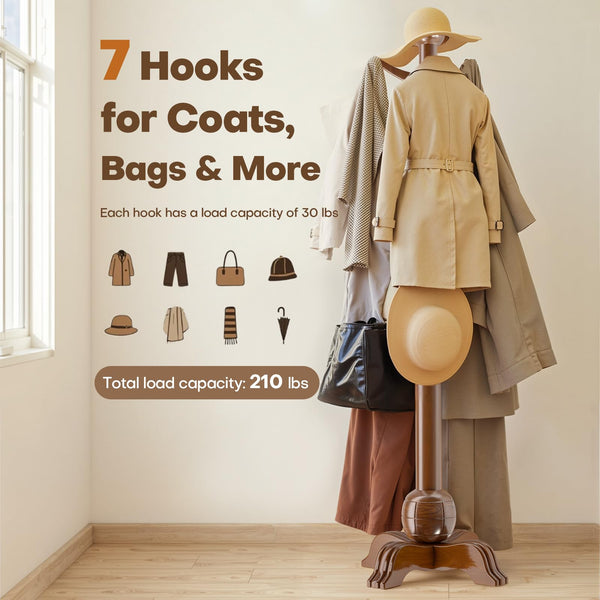 Freestanding Wooden Coat Rack with 7 Hooks – 72" Hall Tree Stand