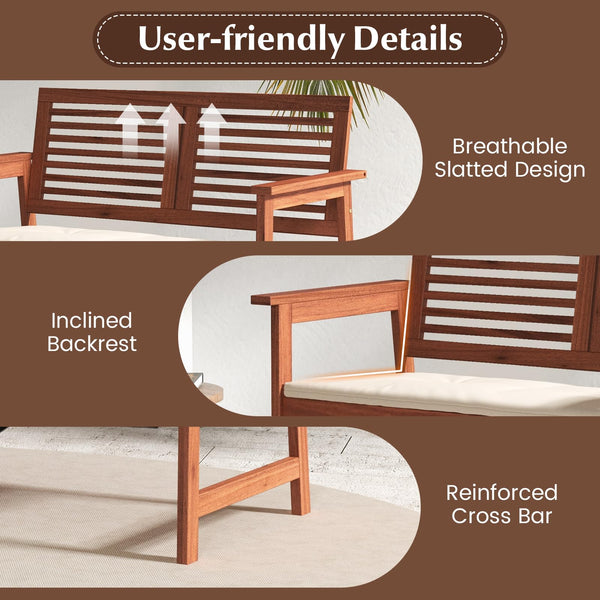 2-Person Outdoor Wood Patio Bench with Cushion