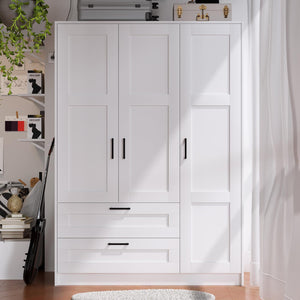 3-Door Wooden Wardrobe Closet with Shelves and Drawers – White