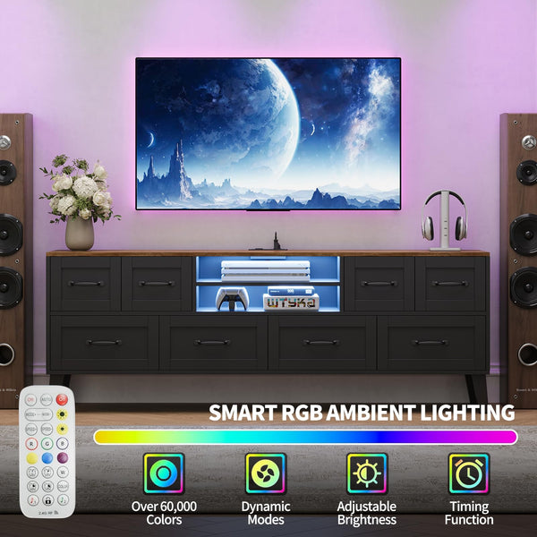 63" TV Console with LED Lighting & 8-Drawer Storage