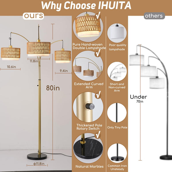 3-Light Arc Floor Lamp with Rattan Wicker Shades, 80 Inch Tall Standing Lamp