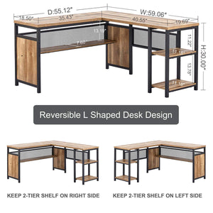 L-Shaped Computer Desk with Wood Shelves & Metal Legs, 59 Inch
