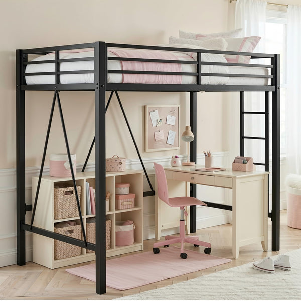 Twin Loft Bed with Metal Slats – Black
