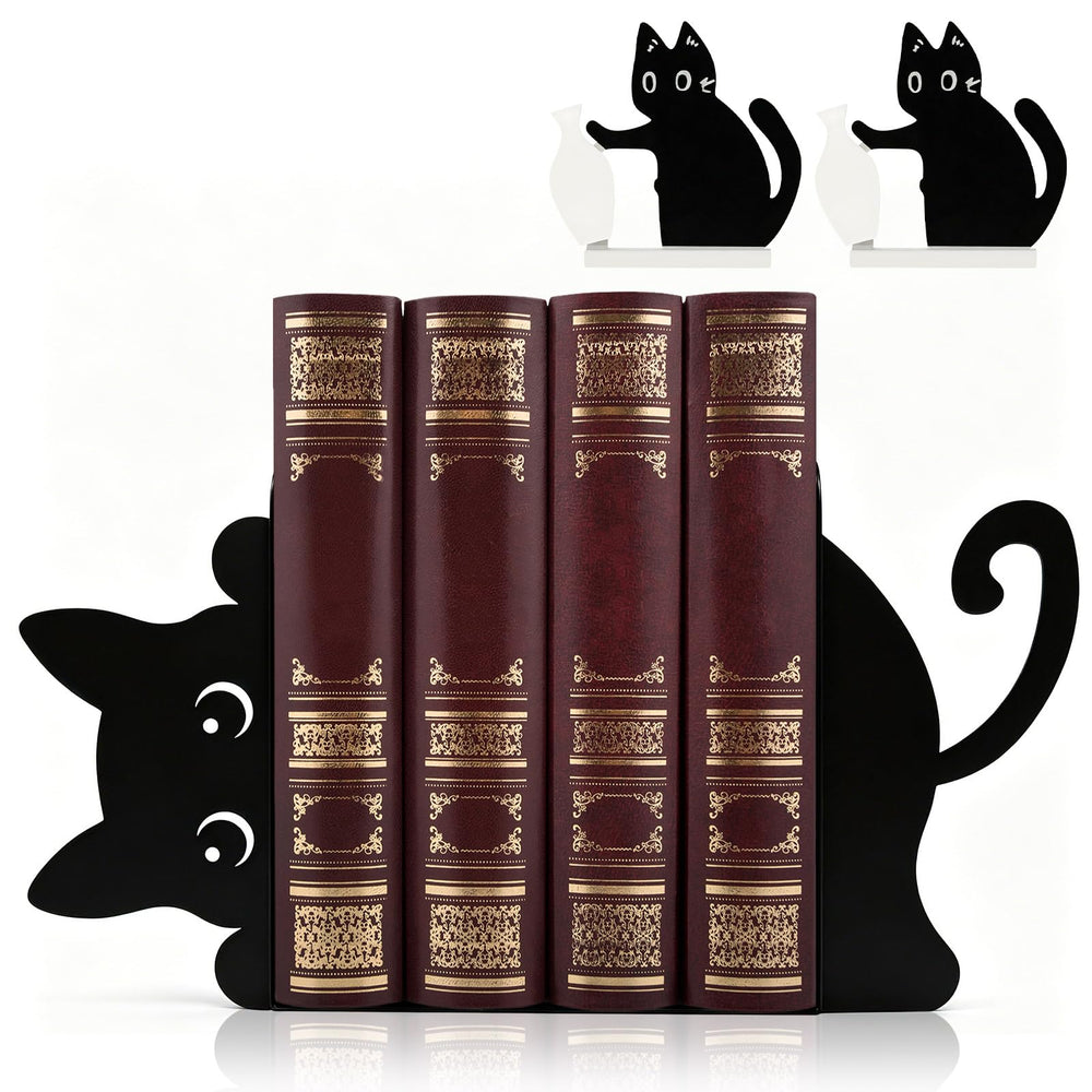 Black Cat Peeking Metal Bookends with Fridge Magnets, 4-Piece Set