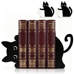 Black Cat Peeking Metal Bookends with Fridge Magnets, 4-Piece Set