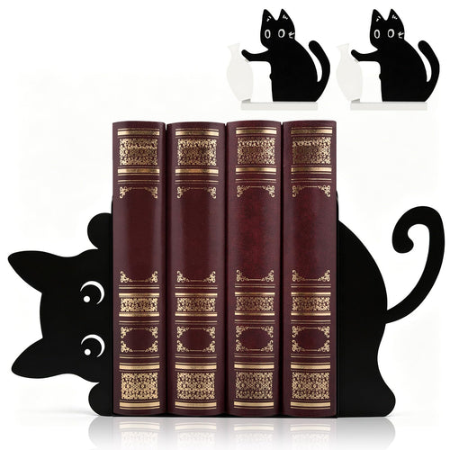 Black Cat Peeking Metal Bookends with Fridge Magnets, 4-Piece Set