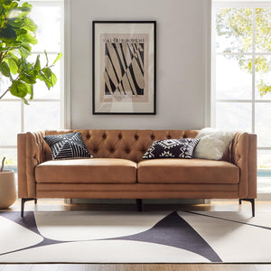 84" Faux Leather Button-Tufted 3-Seater Sofa with Metal Legs