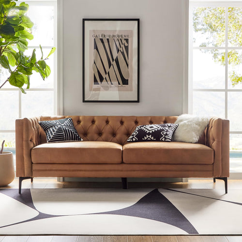 84" Faux Leather Button-Tufted 3-Seater Sofa with Metal Legs