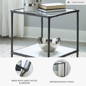 Glass Top Metal Accent Side Table with Marble Shelf
