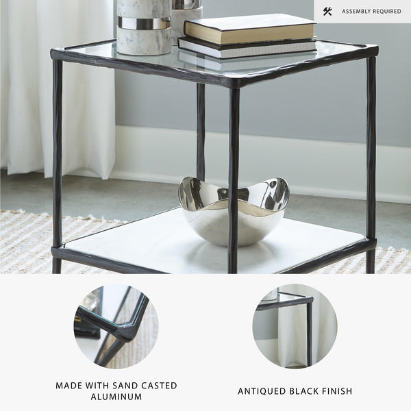 Glass Top Metal Accent Side Table with Marble Shelf