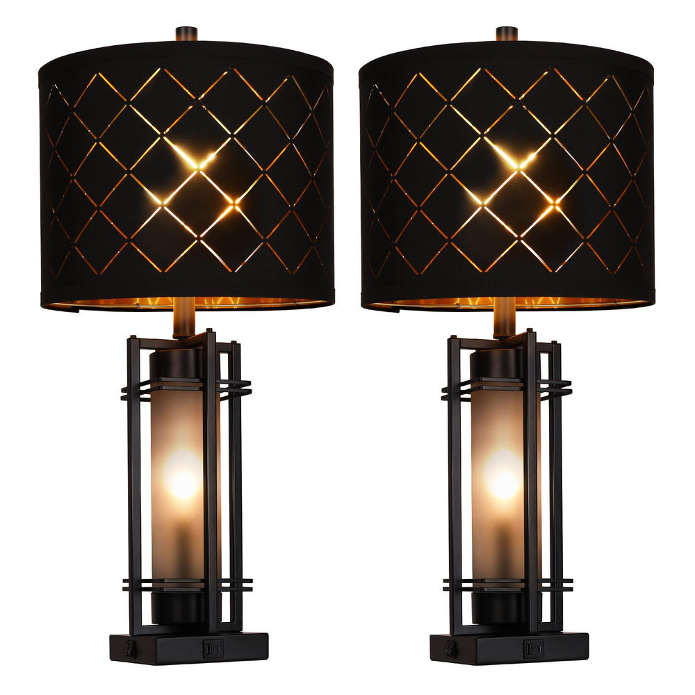 Modern Table Lamp Set of 2 with USB Charging & Black Grid Shade