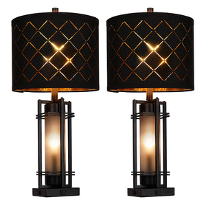 Modern Table Lamp Set of 2 with USB Charging & Black Grid Shade