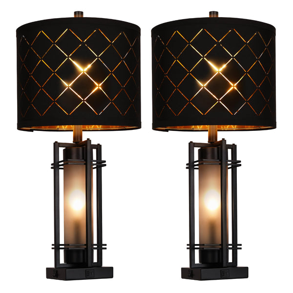 Modern Table Lamp Set of 2 with USB Charging & Black Grid Shade