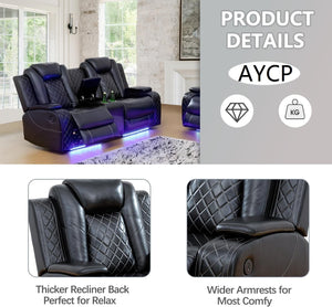Power Recliner Sofa Set with LED Lights – 3 Piece Living Room Set